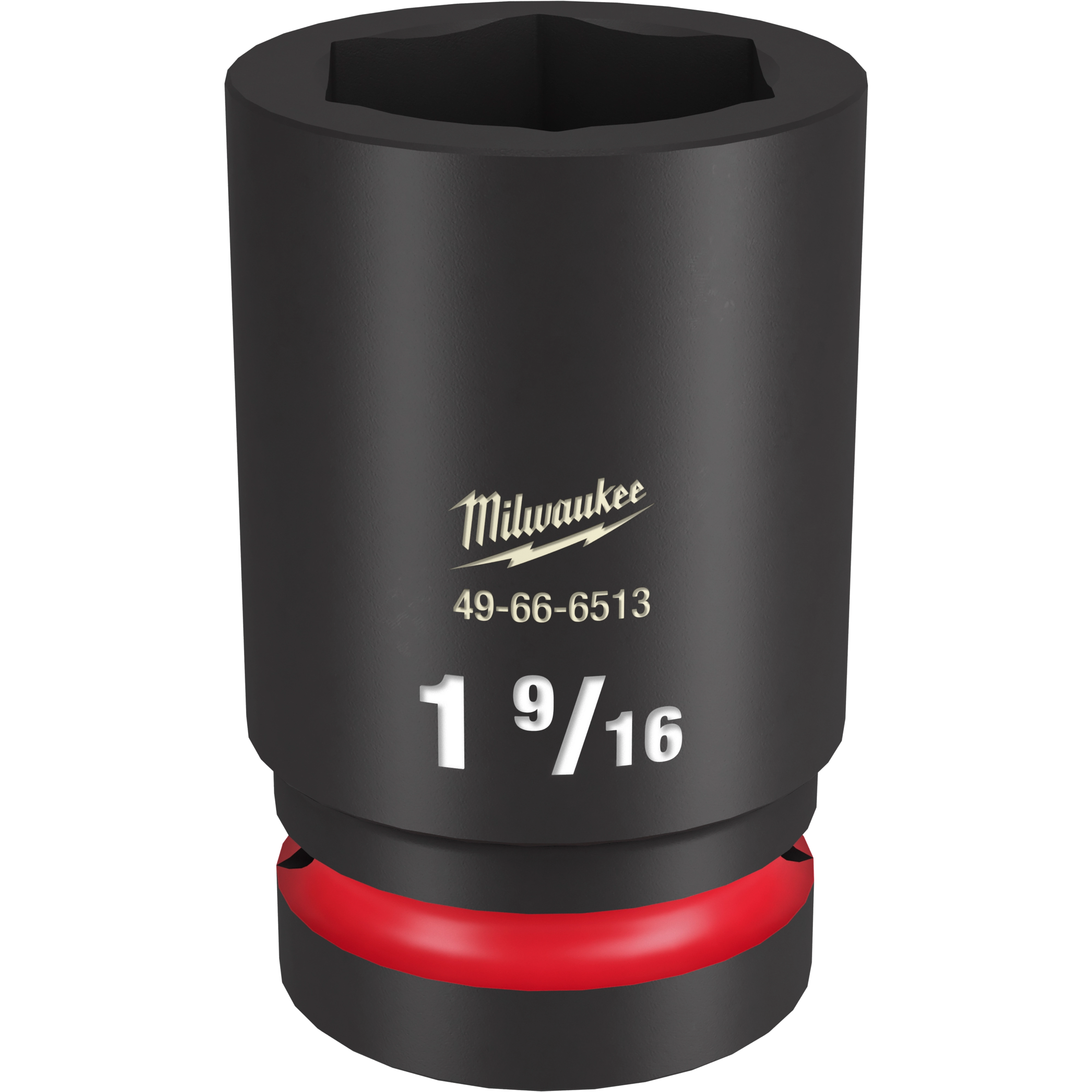 The 1" DR 1-9/16" Deep Impact Socket is a black, cylindrical tool with a red band at the base. The socket has a square opening and the brand name along with size specifications are printed in white and gold on its surface.