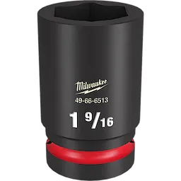 The 1" DR 1-9/16" Deep Impact Socket is a black, cylindrical tool with a red band at the base. The socket has a square opening and the brand name along with size specifications are printed in white and gold on its surface.