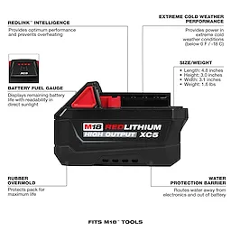 M18 REDLITHIUM HIGH OUTPUT XC5 Battery Pack with labeled features and specifications on a white background.