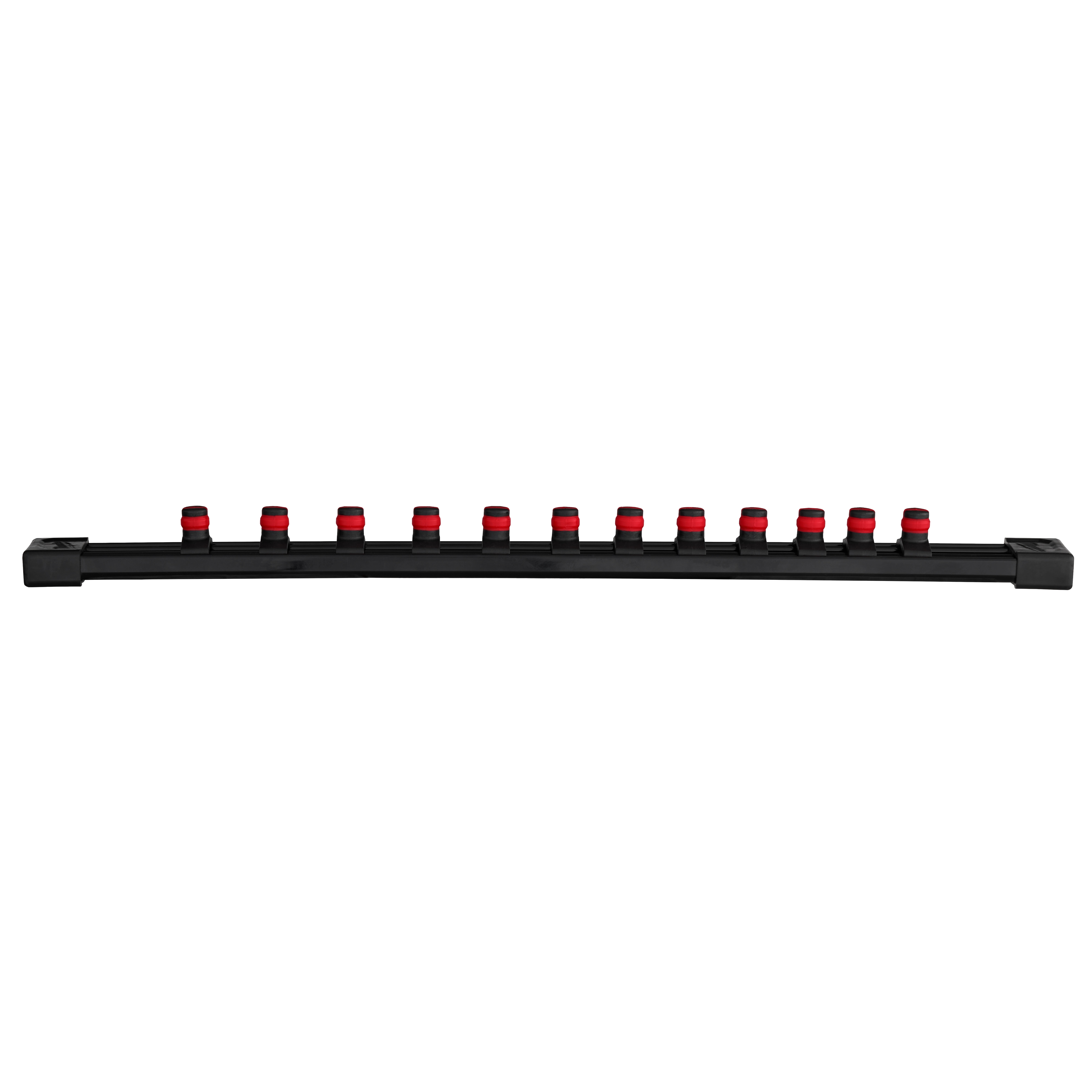 Image of a 12pc 3/8” Drive 12-Point Deep Well Metric Socket Set. The set features twelve sockets with red tops, aligned neatly on a black holder.