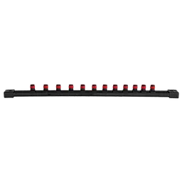 Image of a 12pc 3/8” Drive 12-Point Deep Well Metric Socket Set. The set features twelve sockets with red tops, aligned neatly on a black holder.