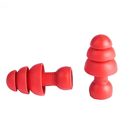 Red Replacement Flanged Ear Plugs with a multi-tiered design. One ear plug is standing upright, and the other is lying on its side, showing the flanged layers.
