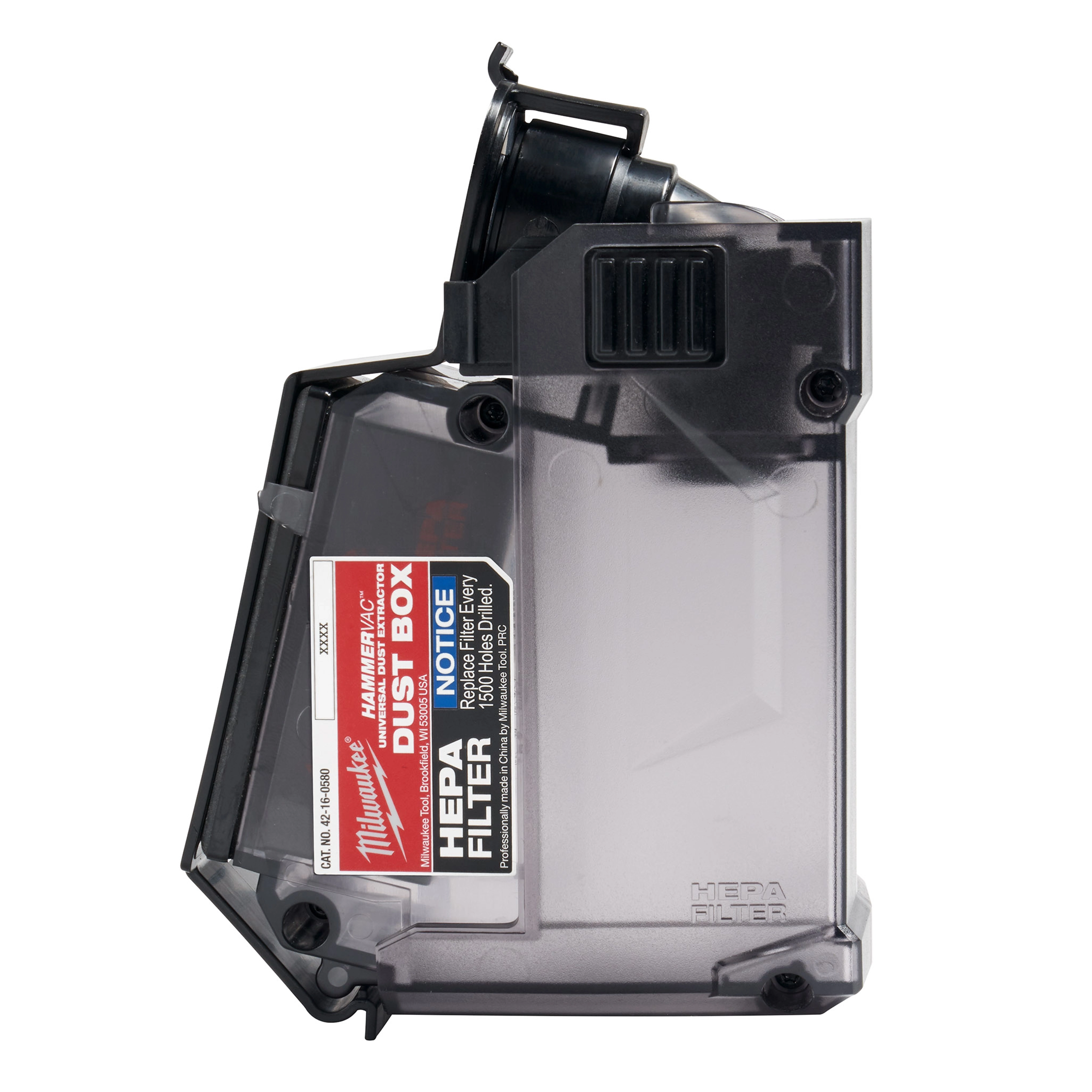 M12 HAMMERVAC Universal Dust Extractor: Dust box, filter, and lid with a clear plastic casing and label indicating HEPA filter.