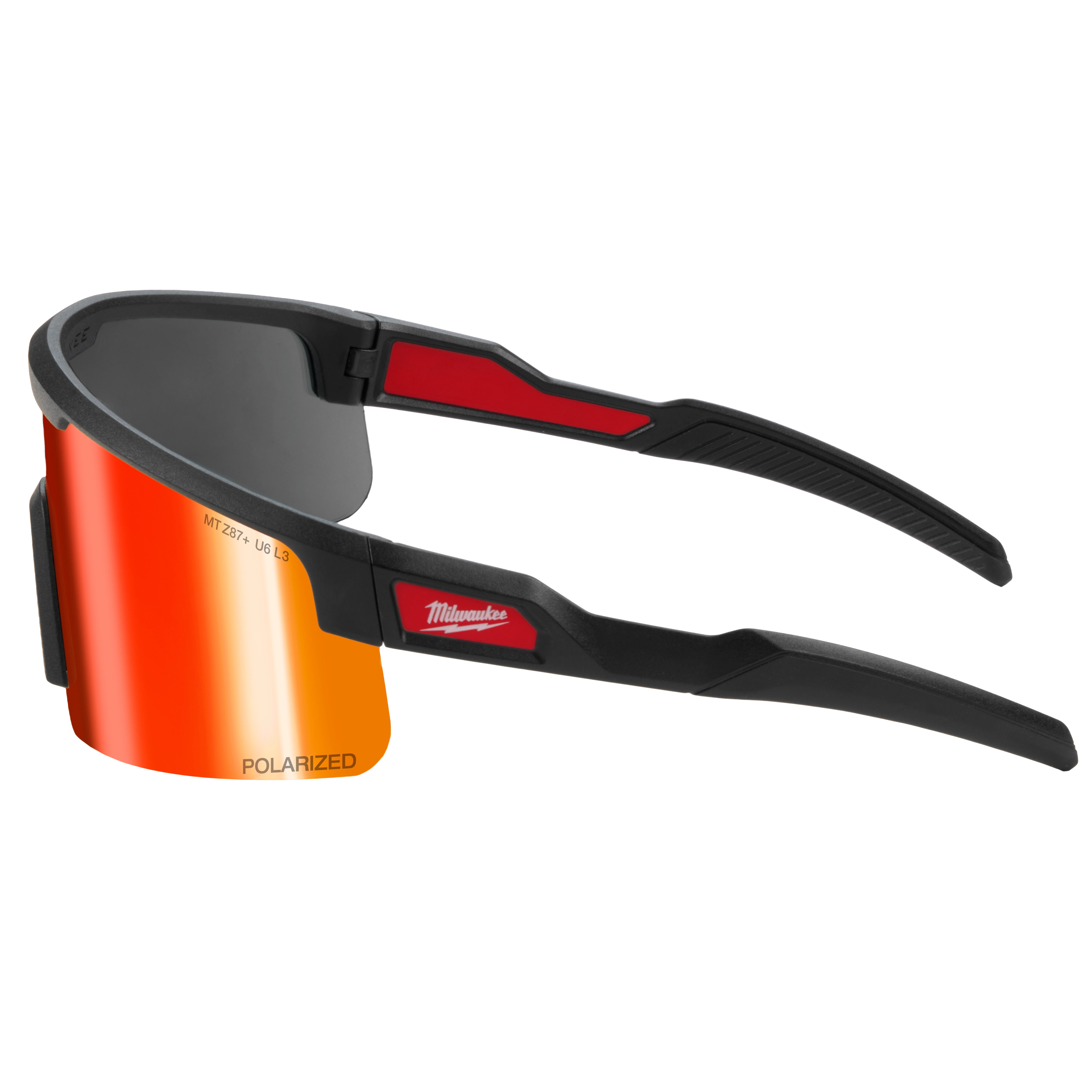 Polarized Wrap Around Safety Glasses feature red mirrored dual coat lenses. The glasses are designed with black frames and red accents on the temples. They provide eye protection and reduce glare. The lenses are labeled "polarized" to indicate their light-filtering capabilities.