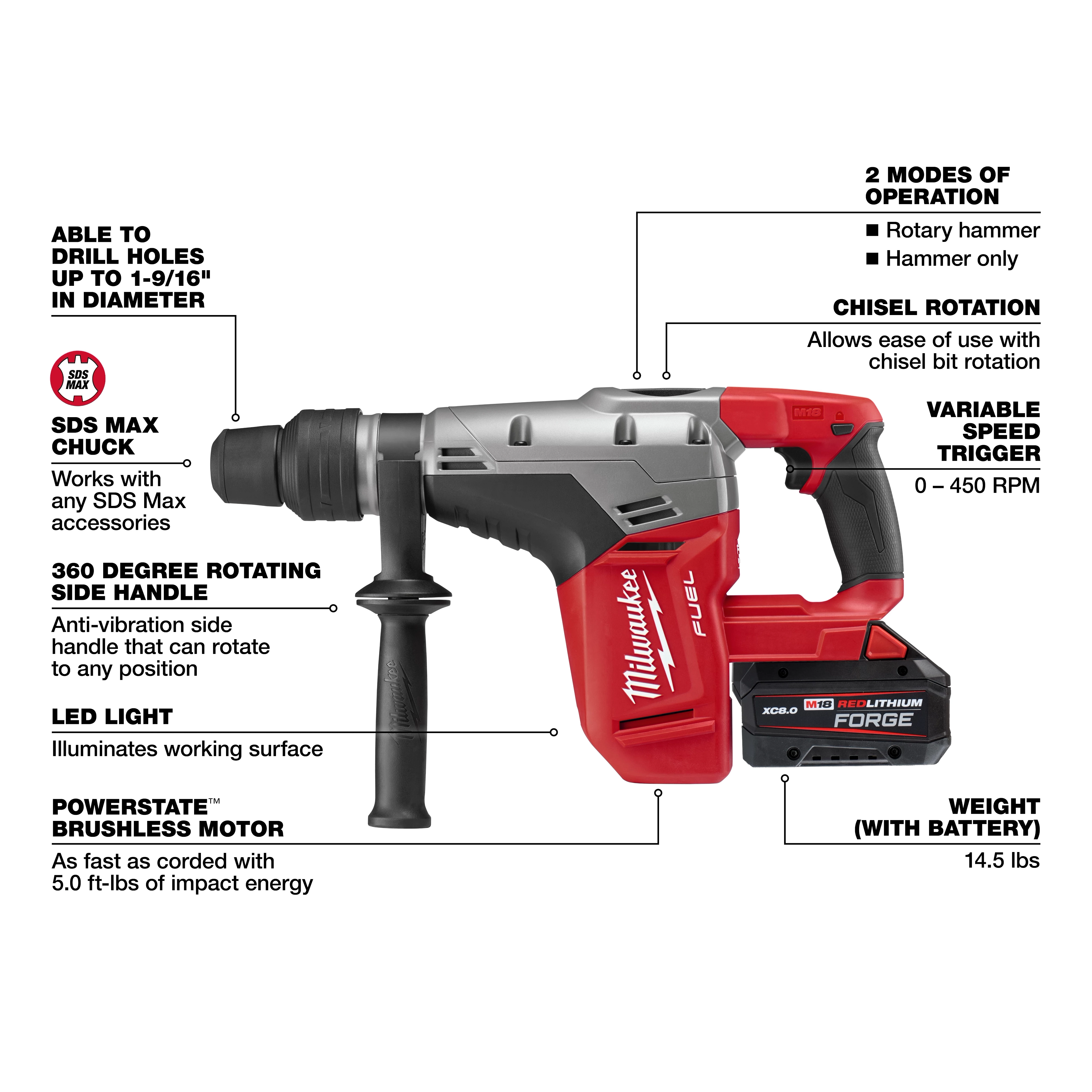 The Milwaukee M18 FUEL™ 1-9/16" SDS Max Rotary Hammer is red and silver, featuring a variable speed trigger, 2 operation modes, chisel rotation, a 360-degree rotating side handle, LED light, and POWERSTATE™ brushless motor. It weighs 14.5 lbs with the battery and drills holes up to 1-9/16" diameter.