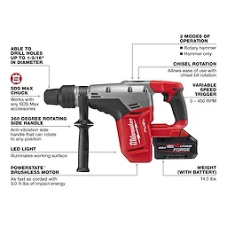 The Milwaukee M18 FUEL™ 1-9/16" SDS Max Rotary Hammer is red and silver, featuring a variable speed trigger, 2 operation modes, chisel rotation, a 360-degree rotating side handle, LED light, and POWERSTATE™ brushless motor. It weighs 14.5 lbs with the battery and drills holes up to 1-9/16" diameter.