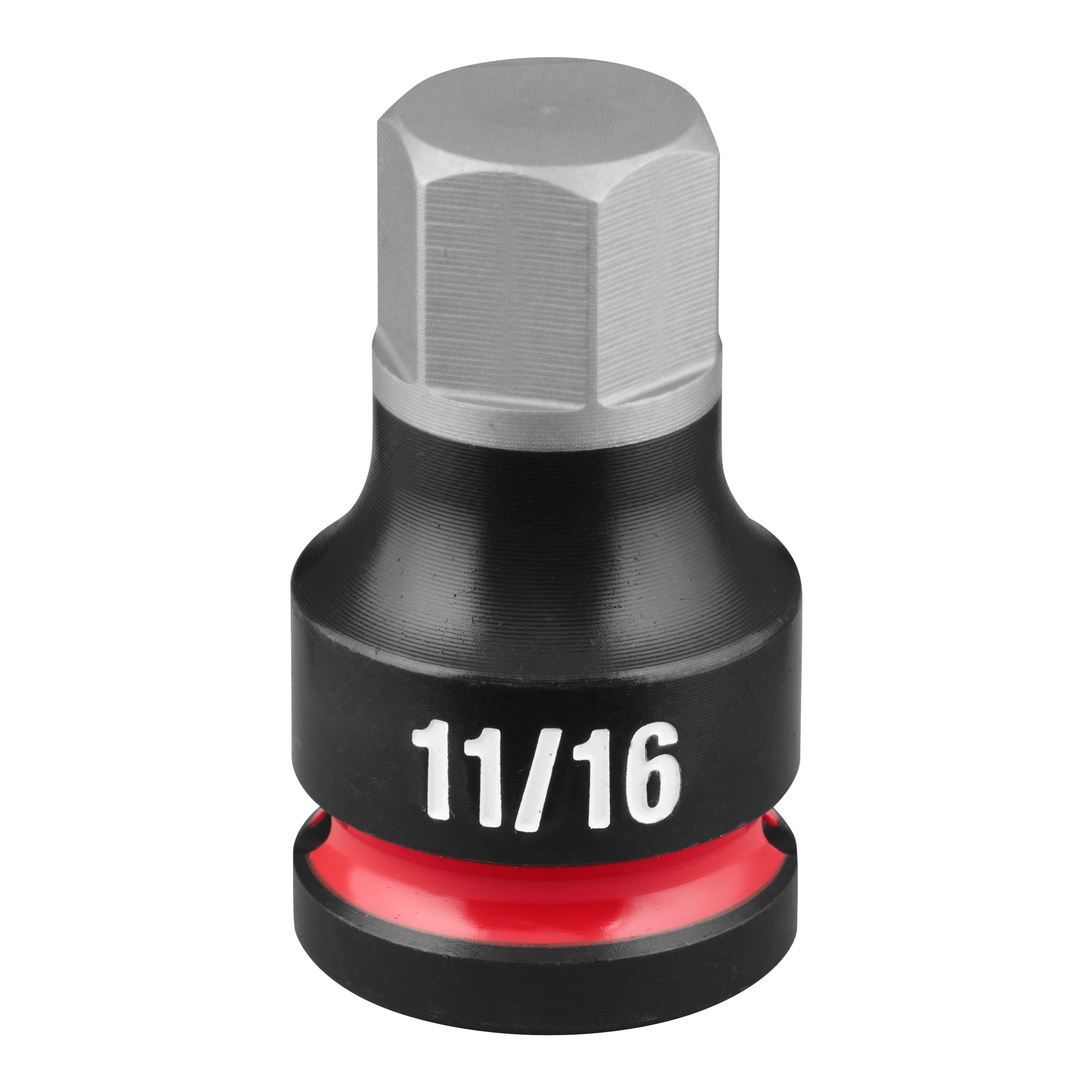 The SHOCKWAVE Impact Duty 1/2" Drive 2" Hex 11/16" Bit Socket is shown. It is a black socket with a silver hexagonal bit at the top and features the size 11/16 printed in white on the side.
