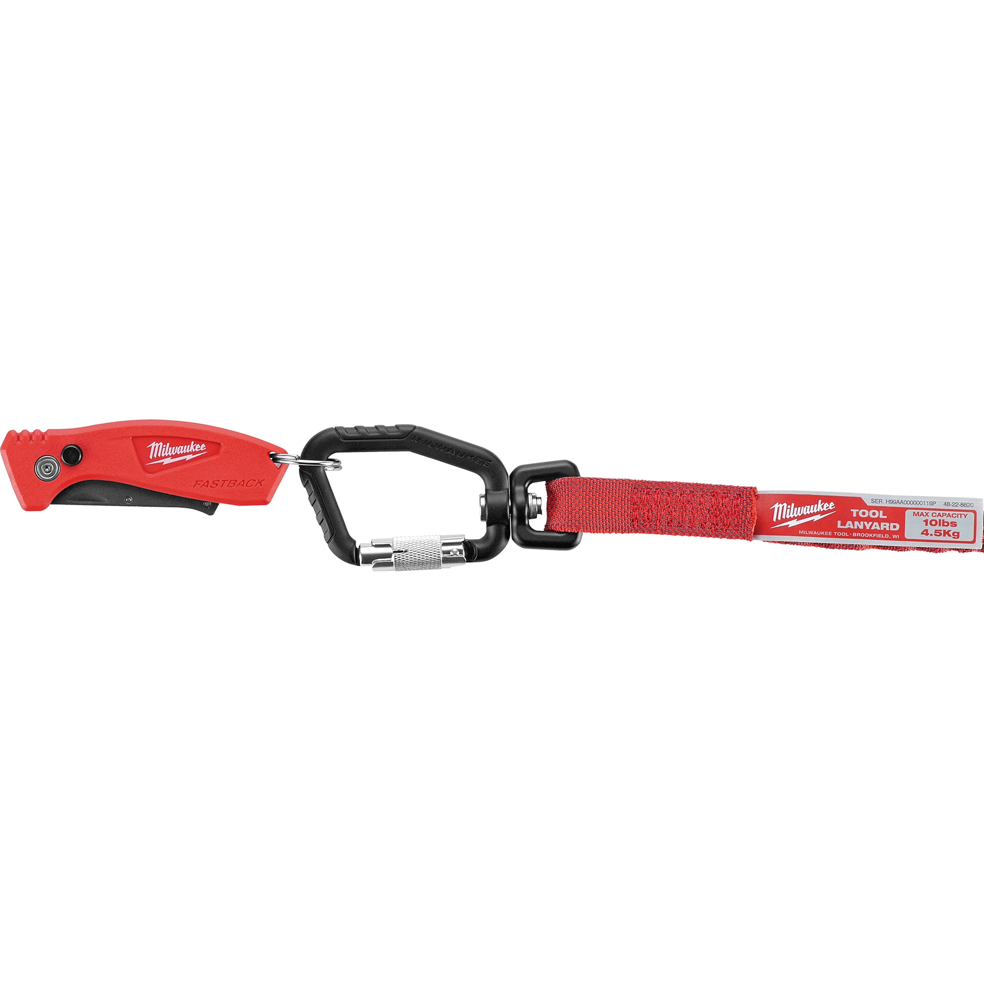 Red 5pc 2lb 1" Split Ring with a red utility knife, carabiner clip, and red tool lanyard, rated for up to 10 lbs/4.5 kg.