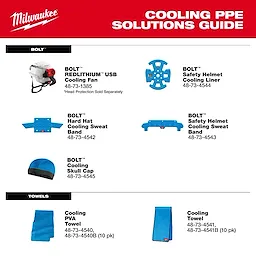 Cooling PPE Solutions Guide featuring various Bolt cooling products including fans, liners, sweat bands, a skull cap, and towels.