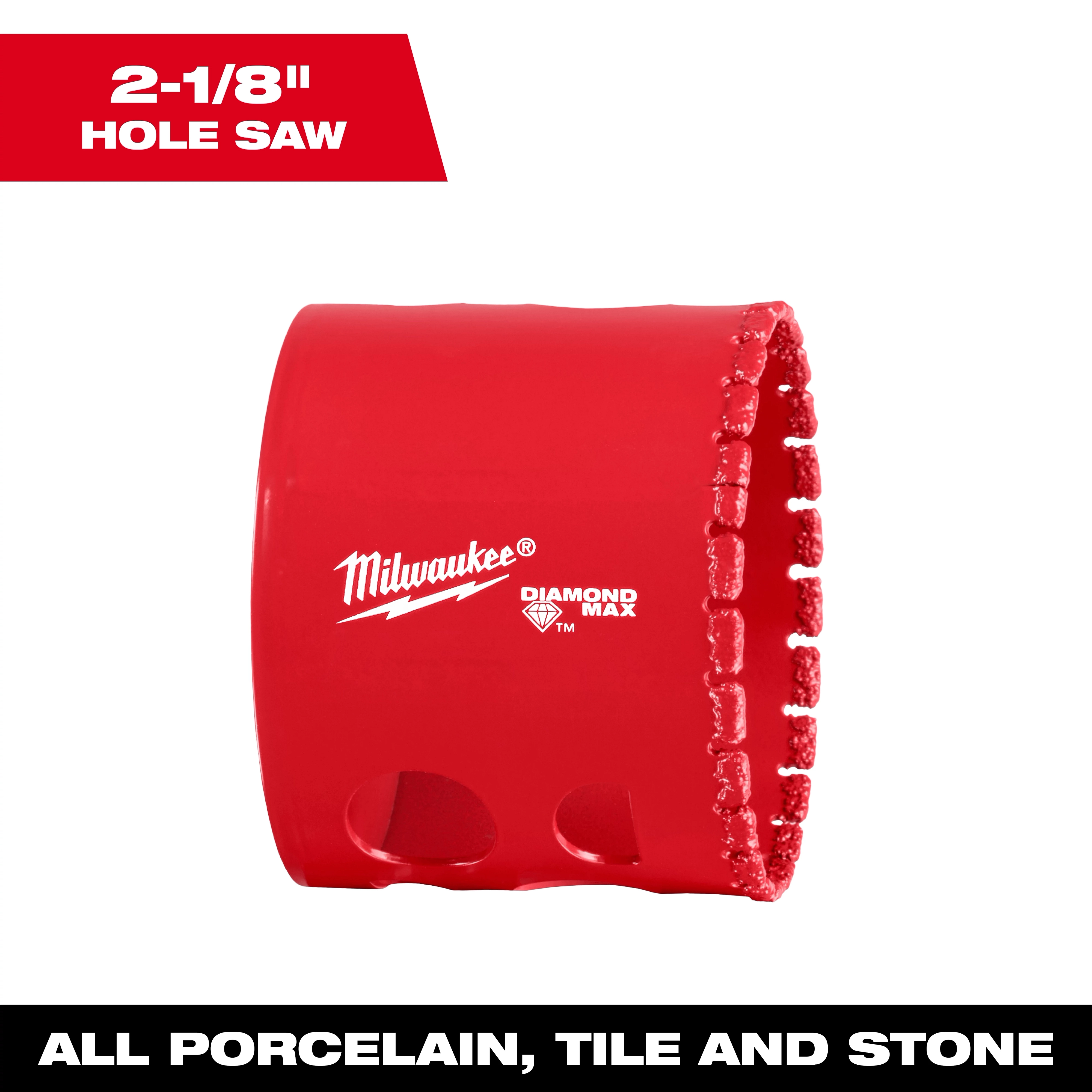 Milwaukee 2-1/8" Diamond Max Hole Saw, red with jagged edge for cutting porcelain, tile, and stone.