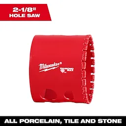 Milwaukee 2-1/8" Diamond Max Hole Saw, red with jagged edge for cutting porcelain, tile, and stone.