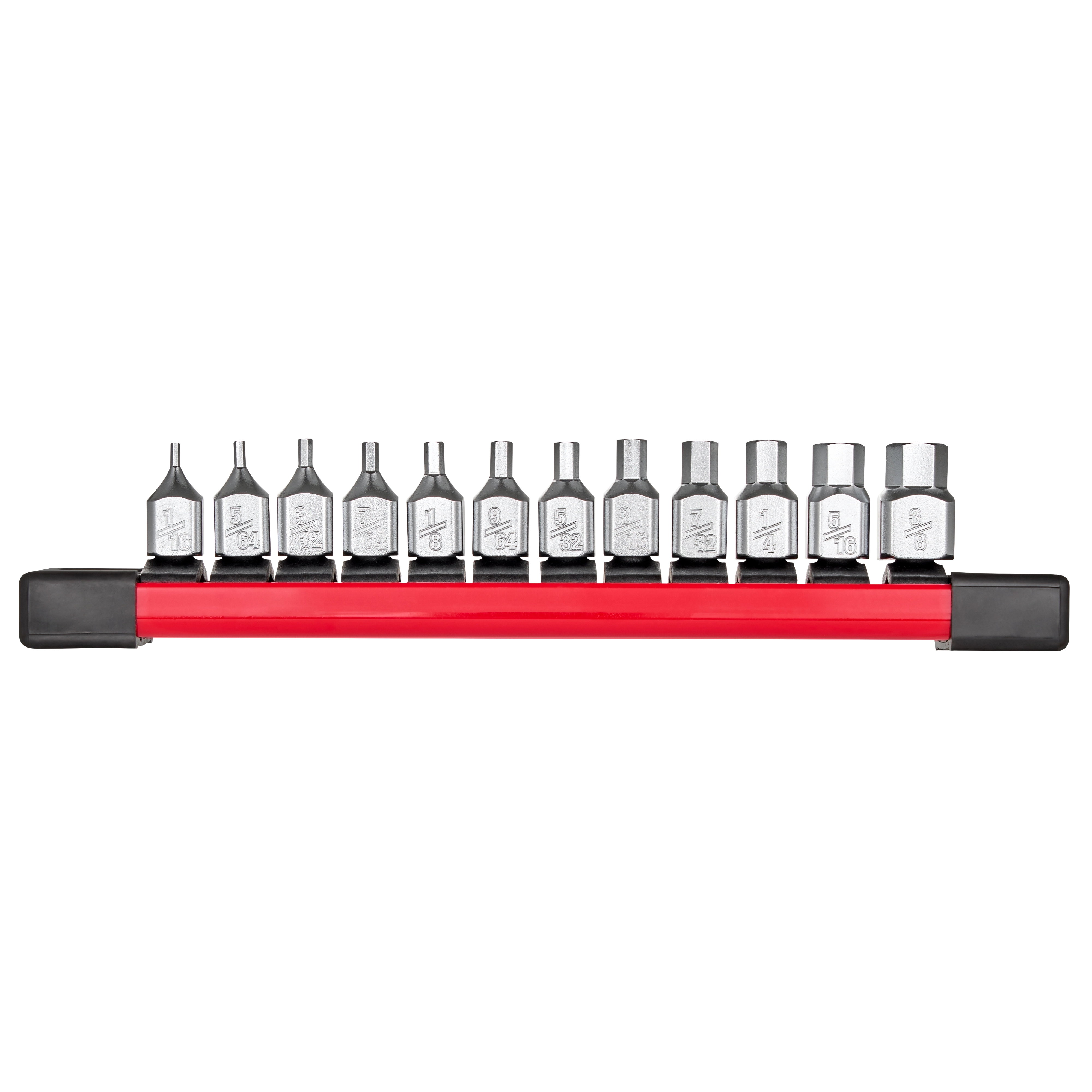 The 12pc 1/4” Drive Low-Profile Hex Bit Socket Set - SAE features 12 low-profile hex bit sockets on a red holder. Each socket has a different size, ranging from small to large, designed for various SAE hex bit applications, useful for precision work in tight spaces.