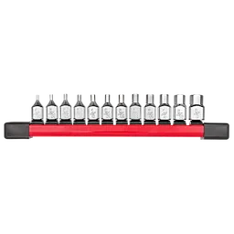 The 12pc 1/4” Drive Low-Profile Hex Bit Socket Set - SAE features 12 low-profile hex bit sockets on a red holder. Each socket has a different size, ranging from small to large, designed for various SAE hex bit applications, useful for precision work in tight spaces.