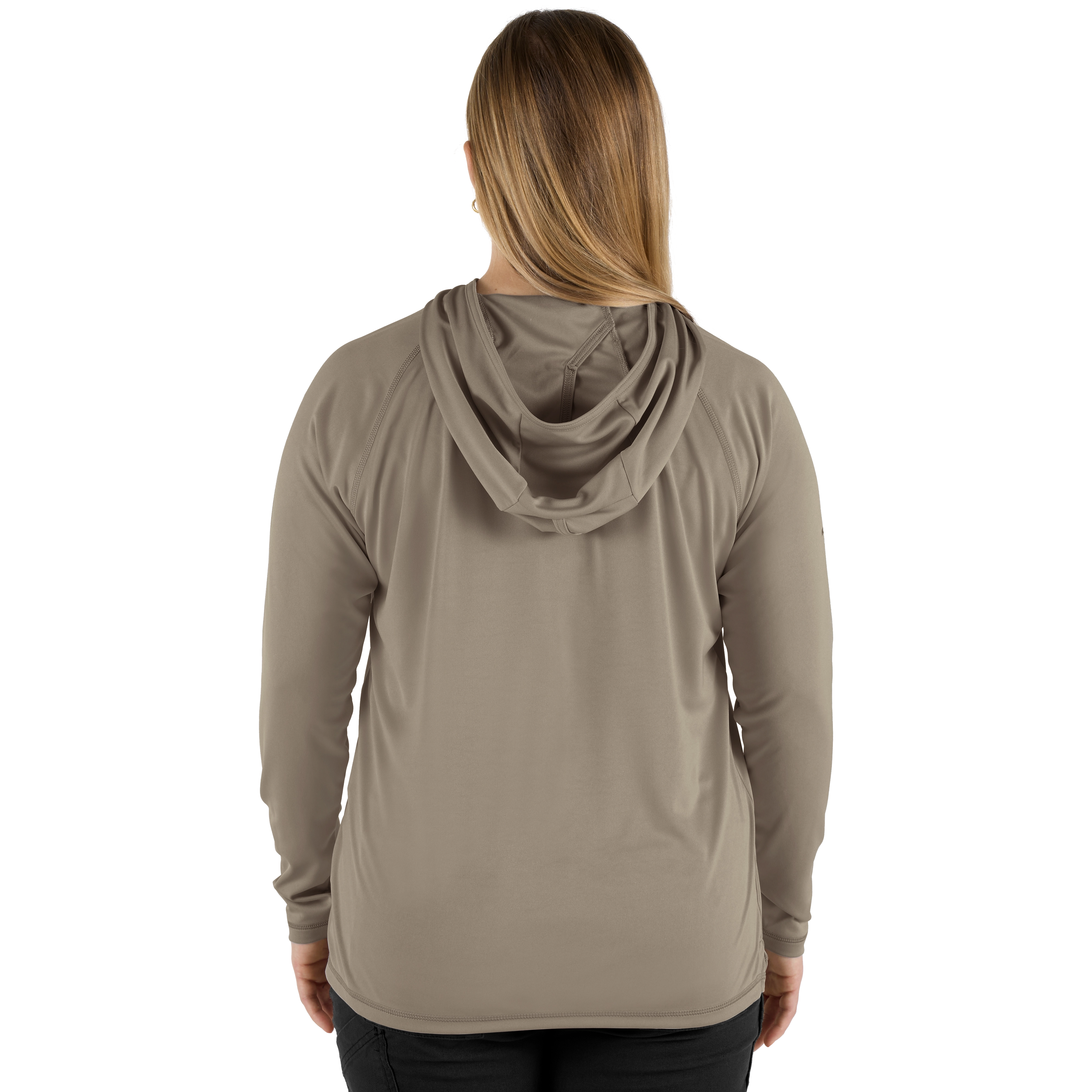 The Women's WORKSKIN Hooded Sun Shirt in Sandstone features a relaxed fit and long sleeves. It includes a hood and is displayed on a woman seen from the back, showcasing its lightweight and breathable fabric designed for sun protection.