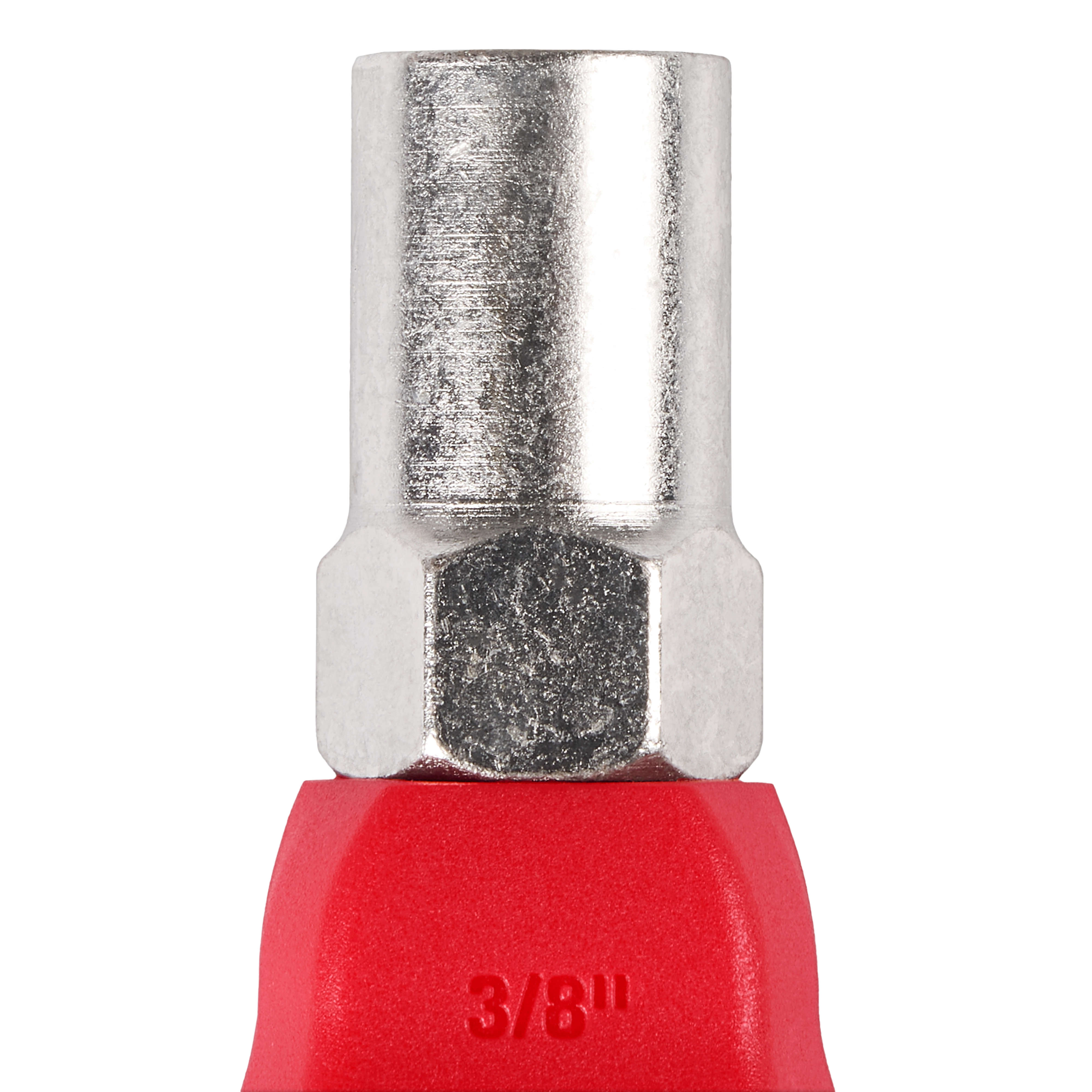 A close-up of a metal socket wrench with a red handle labeled "3/8"."