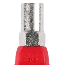 A close-up of a metal socket wrench with a red handle labeled "3/8"."