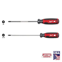 2 PC. Cushion Grip Screwdriver Set (USA) includes a Phillips #2 and a flathead 3/16 screwdriver with a lifetime guarantee.
