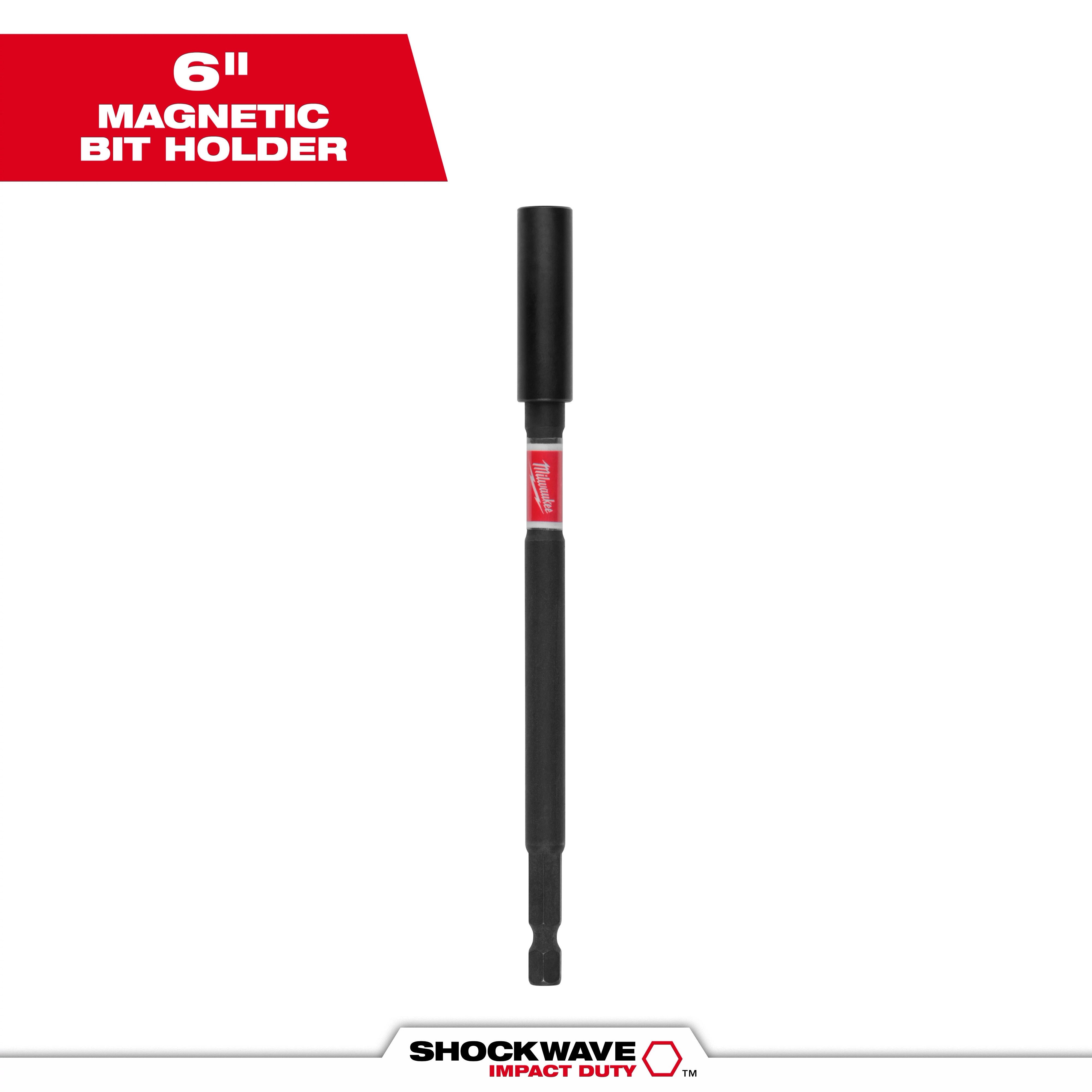 Image displaying the SHOCKWAVE™ 6" Impact Duty Magnetic Bit Holder. The product is a black, cylindrical bit holder designed for impact duty, featuring a magnetic tip, and is shown against a white background with product branding on top and bottom.