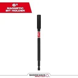 Image displaying the SHOCKWAVE™ 6" Impact Duty Magnetic Bit Holder. The product is a black, cylindrical bit holder designed for impact duty, featuring a magnetic tip, and is shown against a white background with product branding on top and bottom.