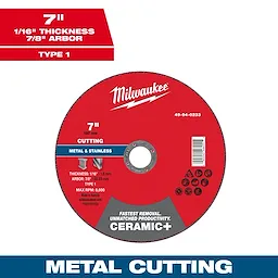 7" x 1/16" x 7/8" Ceramic+ Metal Cut Off Wheel - Type 1 for cutting metal and stainless steel, with maximum RPM of 8,600.
