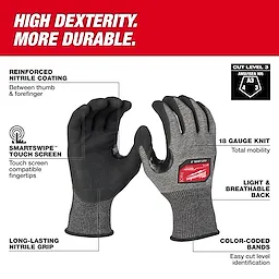 Cut Level 3 High-Dexterity Nitrile Dipped Gloves with reinforced nitrile coating, touchscreen capability, and puncture protection. A3 ANSI cut level.