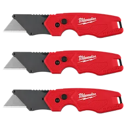 Three red FASTBACK 3Pk Compact Folding Utility Knives arranged horizontally with blades extended.