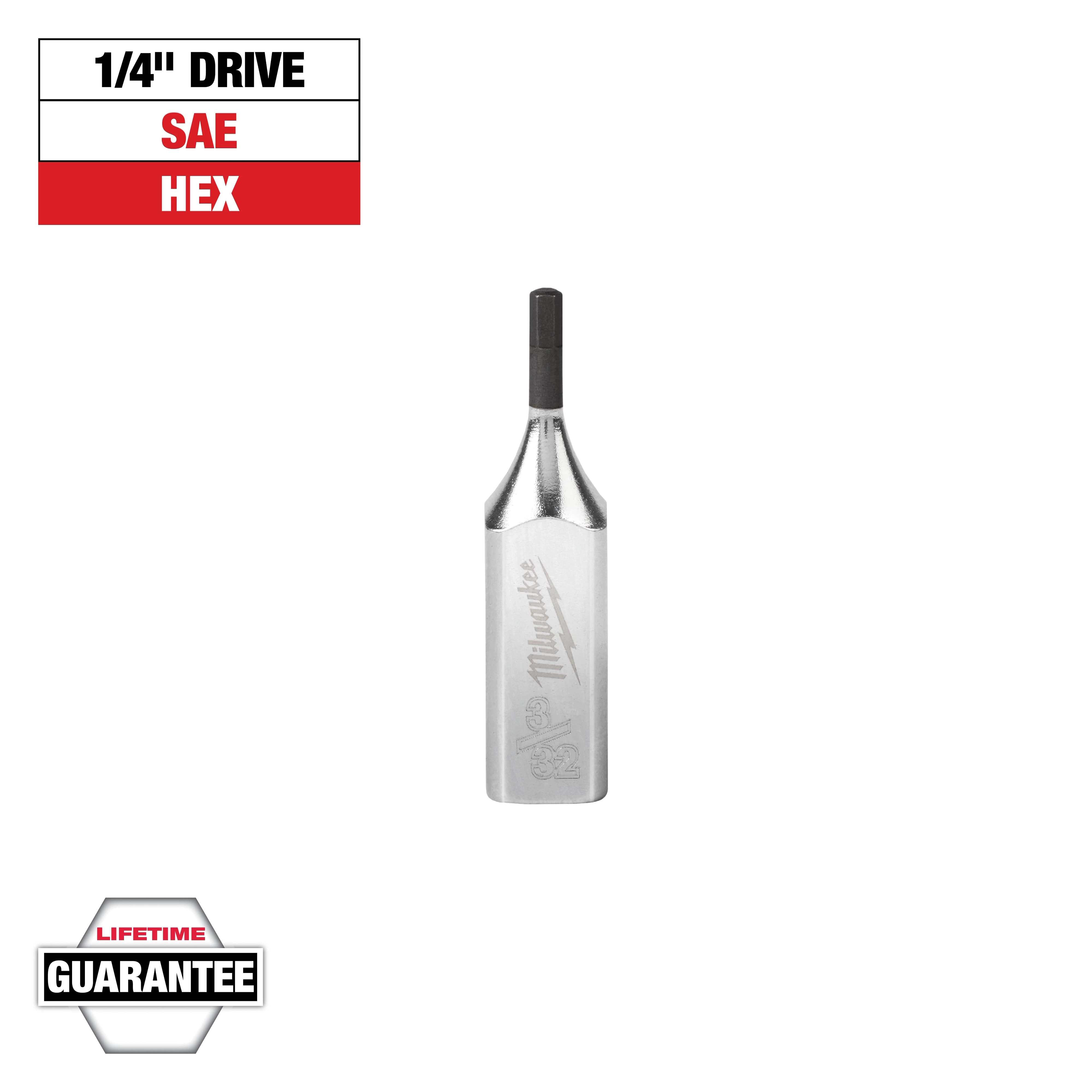 The image shows a Milwaukee 1/4" drive SAE hex bit with a lifetime guarantee. The hex bit has a chrome finish engraved with the Milwaukee logo. Above, there is a label indicating "1/4" DRIVE, SAE, HEX" in black and red text on a white background.