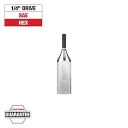 The image shows a Milwaukee 1/4" drive SAE hex bit with a lifetime guarantee. The hex bit has a chrome finish engraved with the Milwaukee logo. Above, there is a label indicating "1/4" DRIVE, SAE, HEX" in black and red text on a white background.