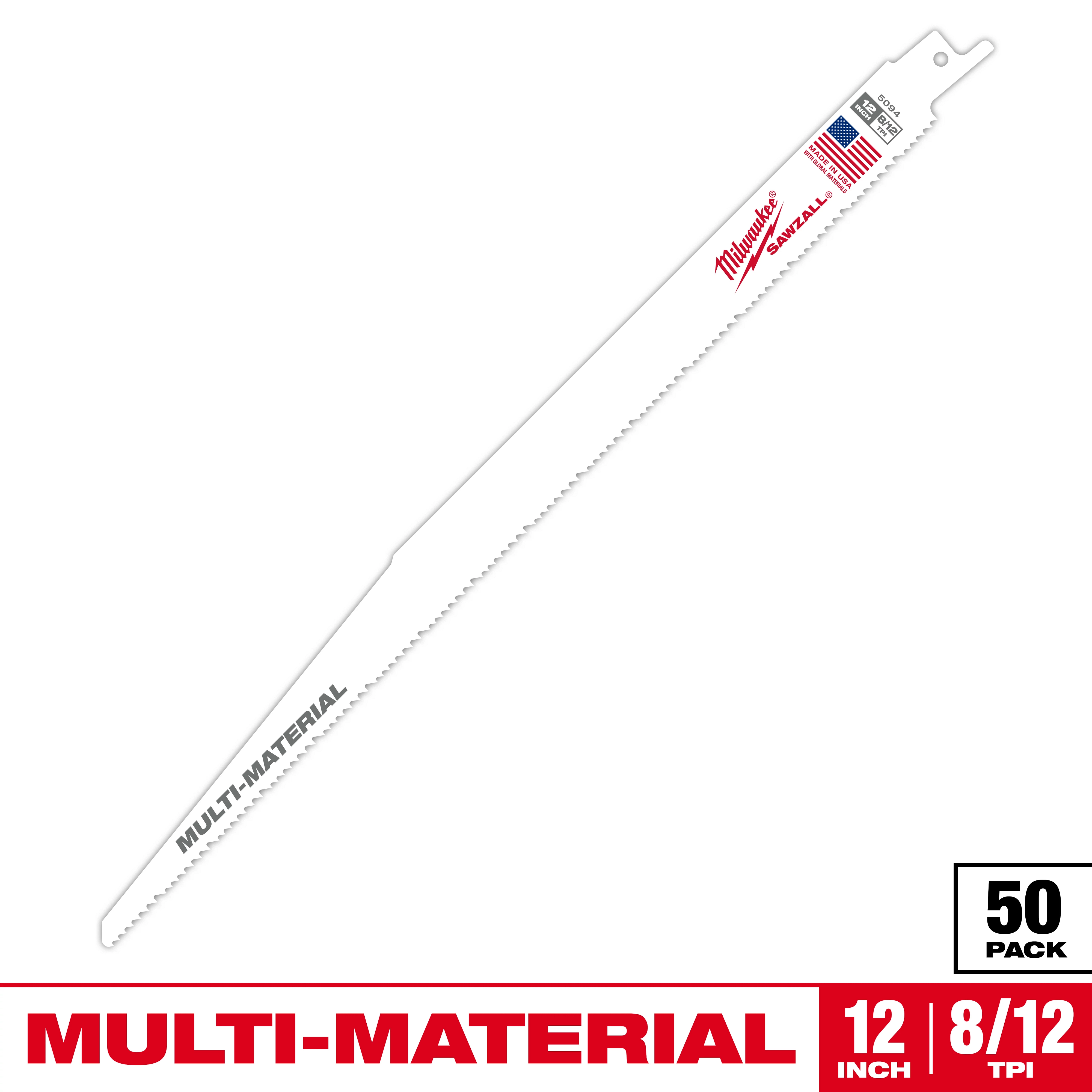 Milwaukee multi-material saw blade is 12 inches long with 8/12 teeth per inch (TPI). The white blade features branding, an American flag symbol, and text indicating its multi-material cutting capability. There are 50 blades in a pack.