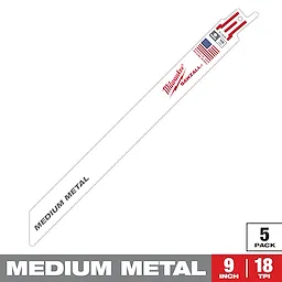 The image displays a Sawzall Bi-Metal Carbide reciprocating saw blade designed for medium metal cutting. The blade is 9 inches long with 18 teeth per inch (TPI) and is part of a 5-pack. The blade is made in the USA.