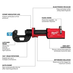 The M18™ FORCE LOGIC™ 12T Kearney Crimper features a red and black body, crimp indicator LED, latched head, 340° head rotation, auto-dump, electronic release, hang-hook, ONE-KEY™ compatibility, and optimized balance for precise and efficient crimping in various orientations and tight spaces.