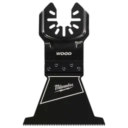 MILWAUKEE OPEN-LOK 2-1/2" HCS Wood Multi-Tool Blade, black with a wide cutting edge and the Milwaukee logo in white.