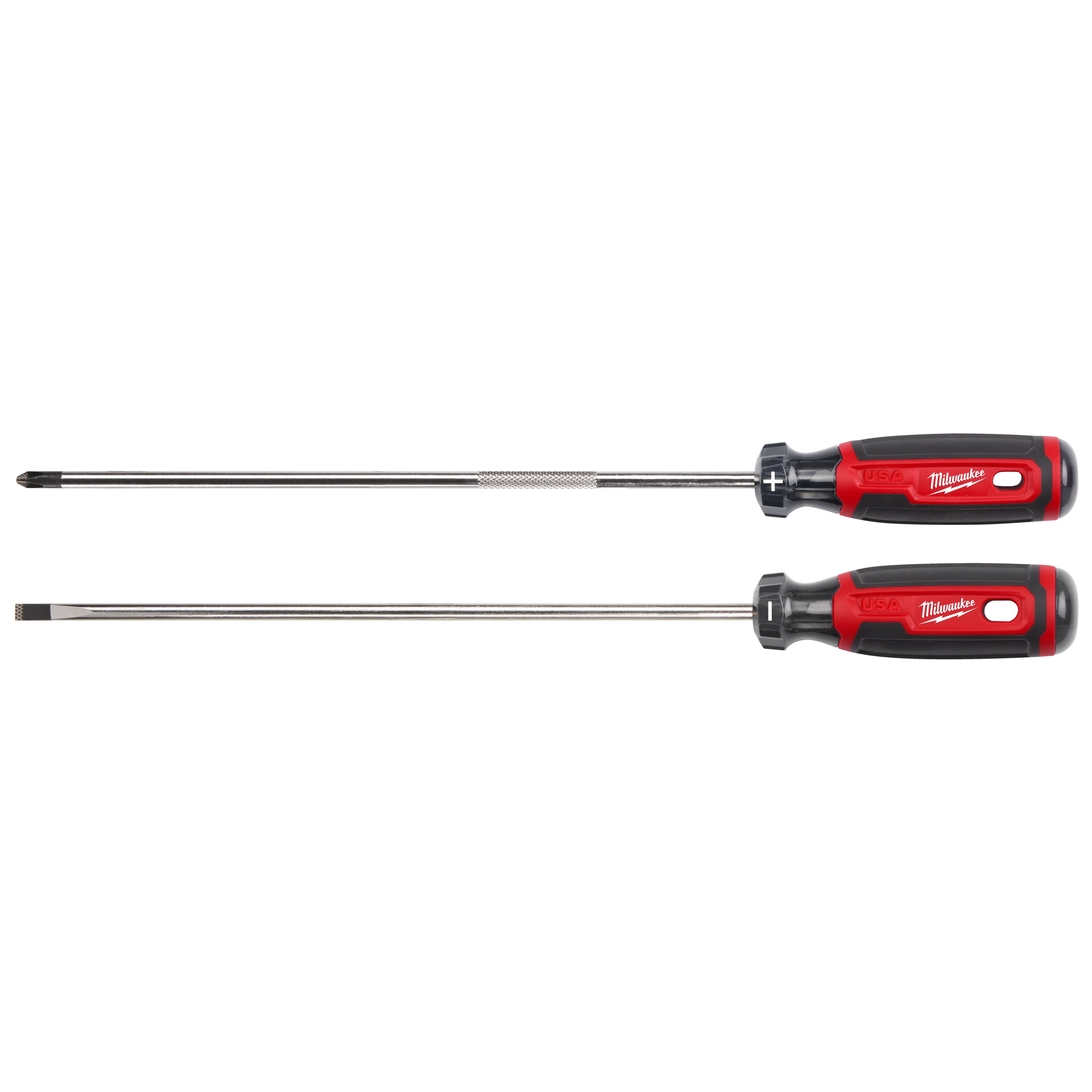 2 PC. Cushion Grip Screwdriver Set (USA) with one Phillips and one flathead screwdriver, featuring red and black handles.
