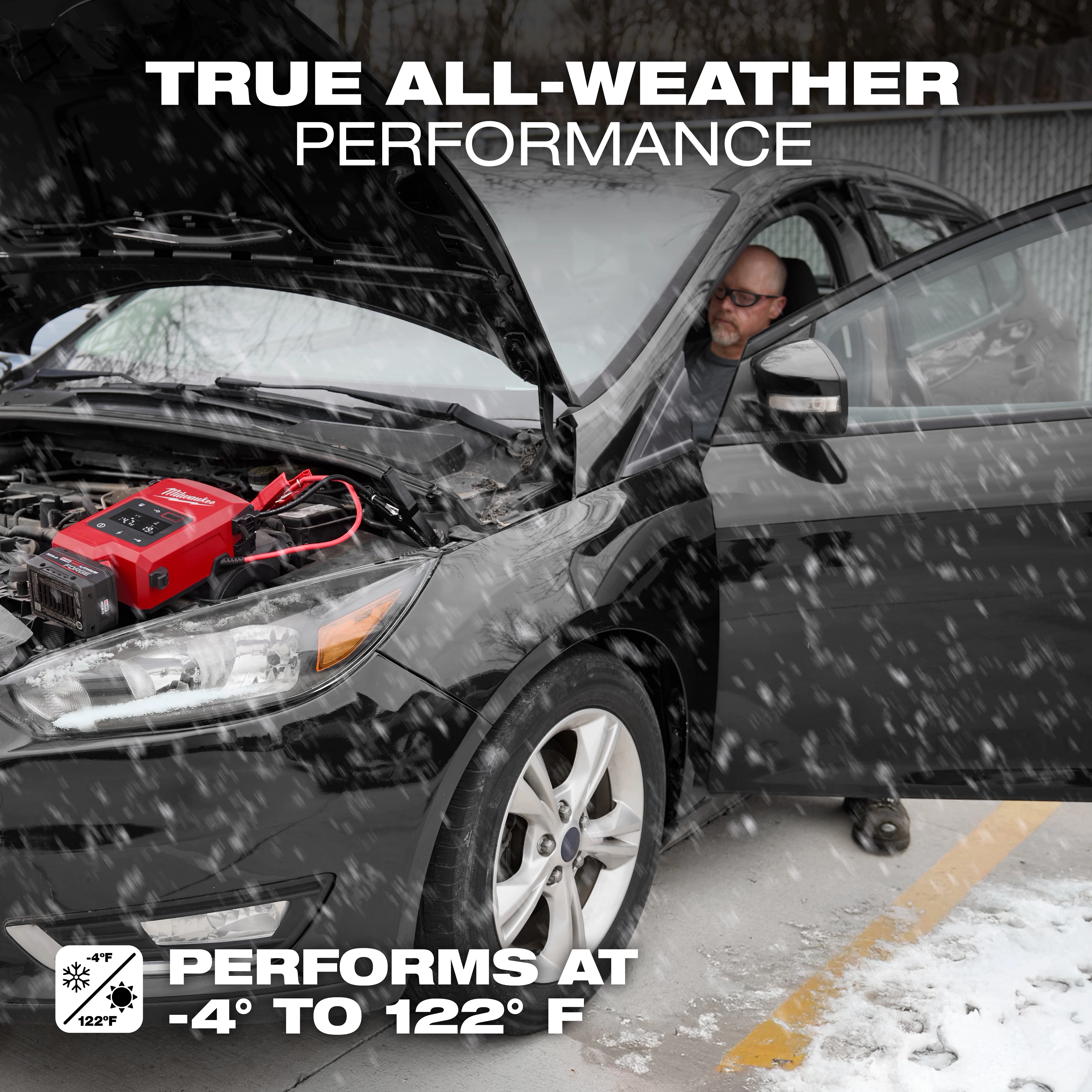 The M18™ HOTSHOT™ Jump Starter is shown in use, connected to a car battery in an engine compartment. The image includes the text "True All-Weather Performance" and "Performs at -4° to 122° F," highlighting its functionality in extreme temperatures.
