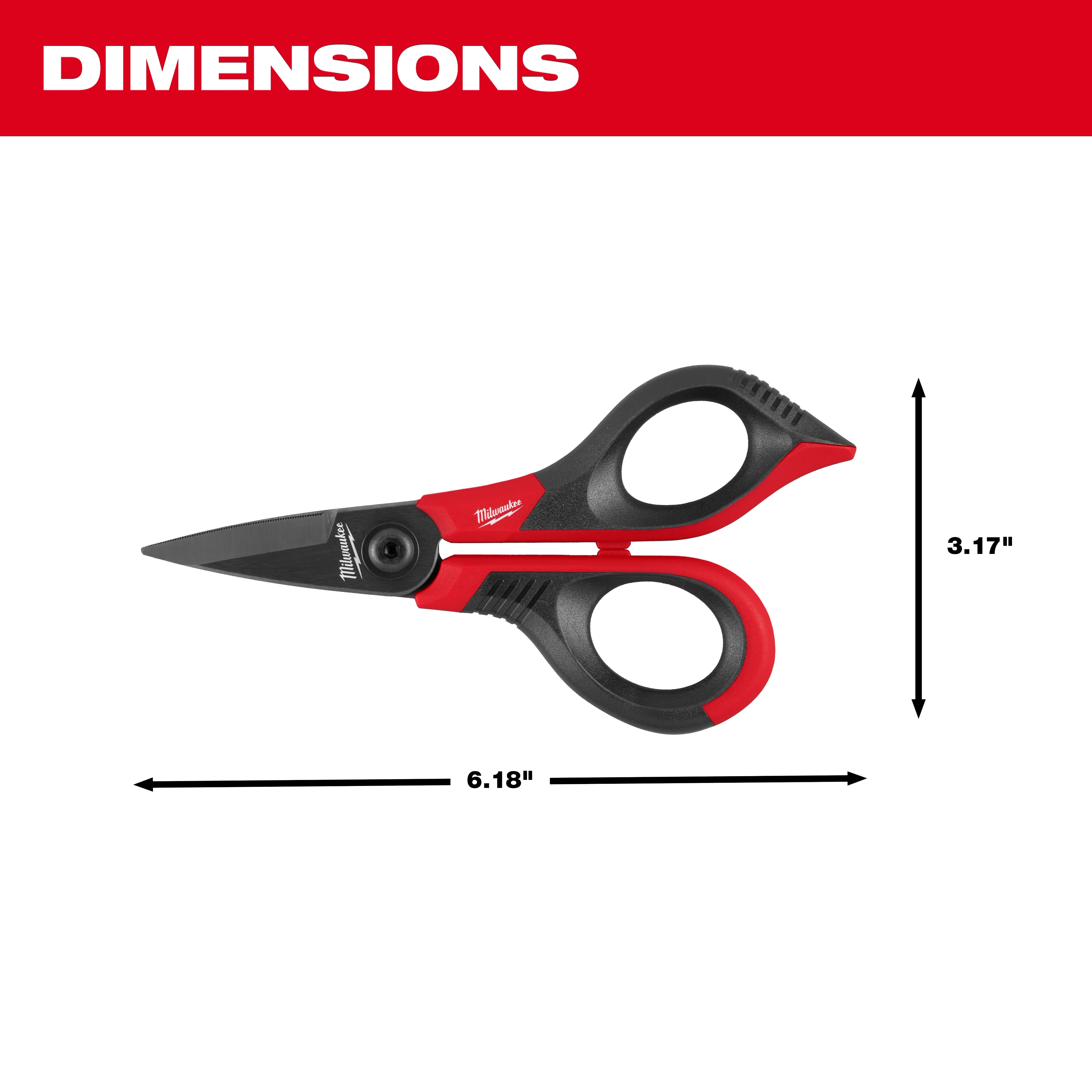 The image shows Milwaukee-branded Kevlar® Shears with a red and black handle. They measure 6.18 inches in length and 3.17 inches in height.