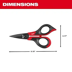 The image shows Milwaukee-branded Kevlar® Shears with a red and black handle. They measure 6.18 inches in length and 3.17 inches in height.