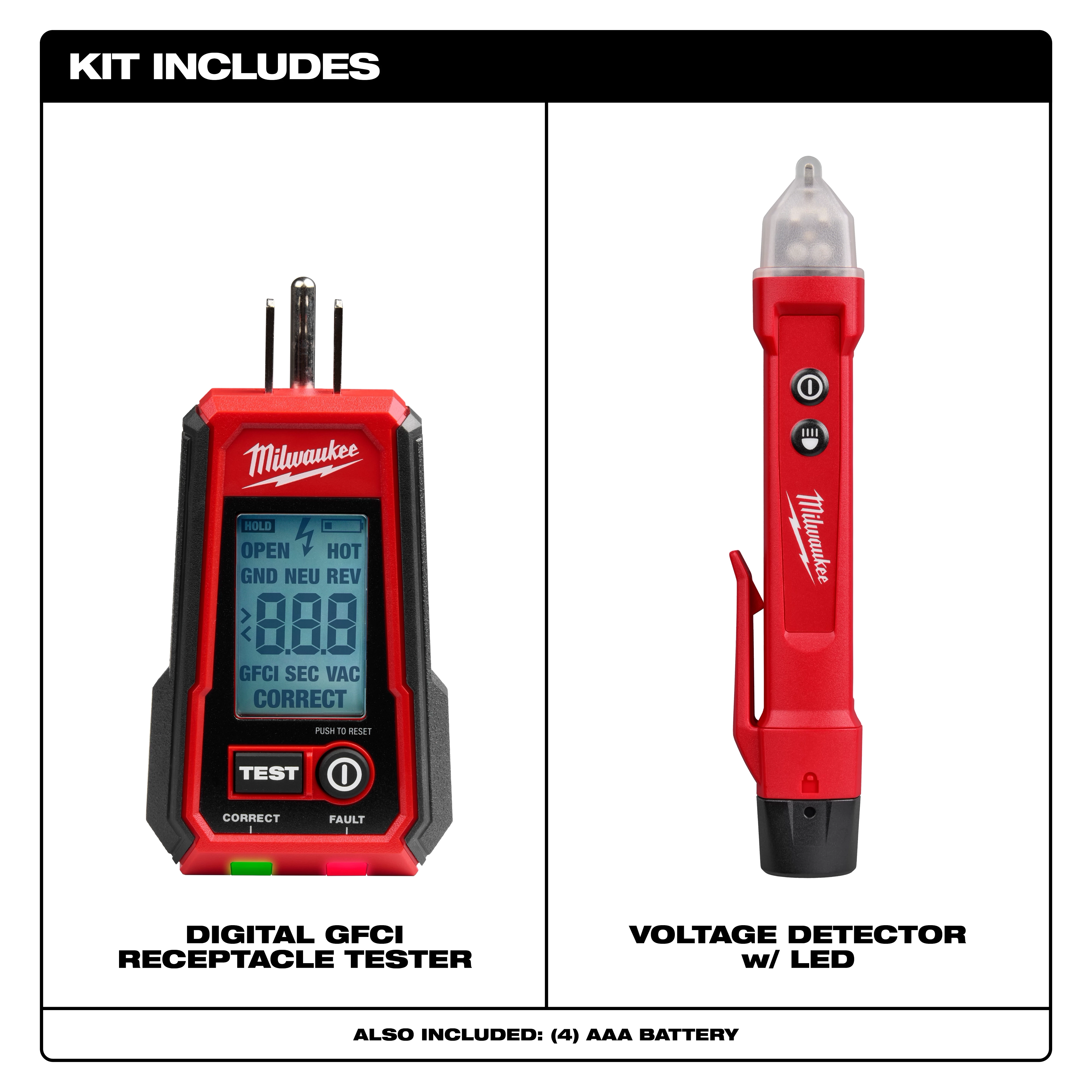Digital GFCI Receptacle Tester and Voltage Detector w/ LED, includes a red voltage detector pen and receptacle tester.