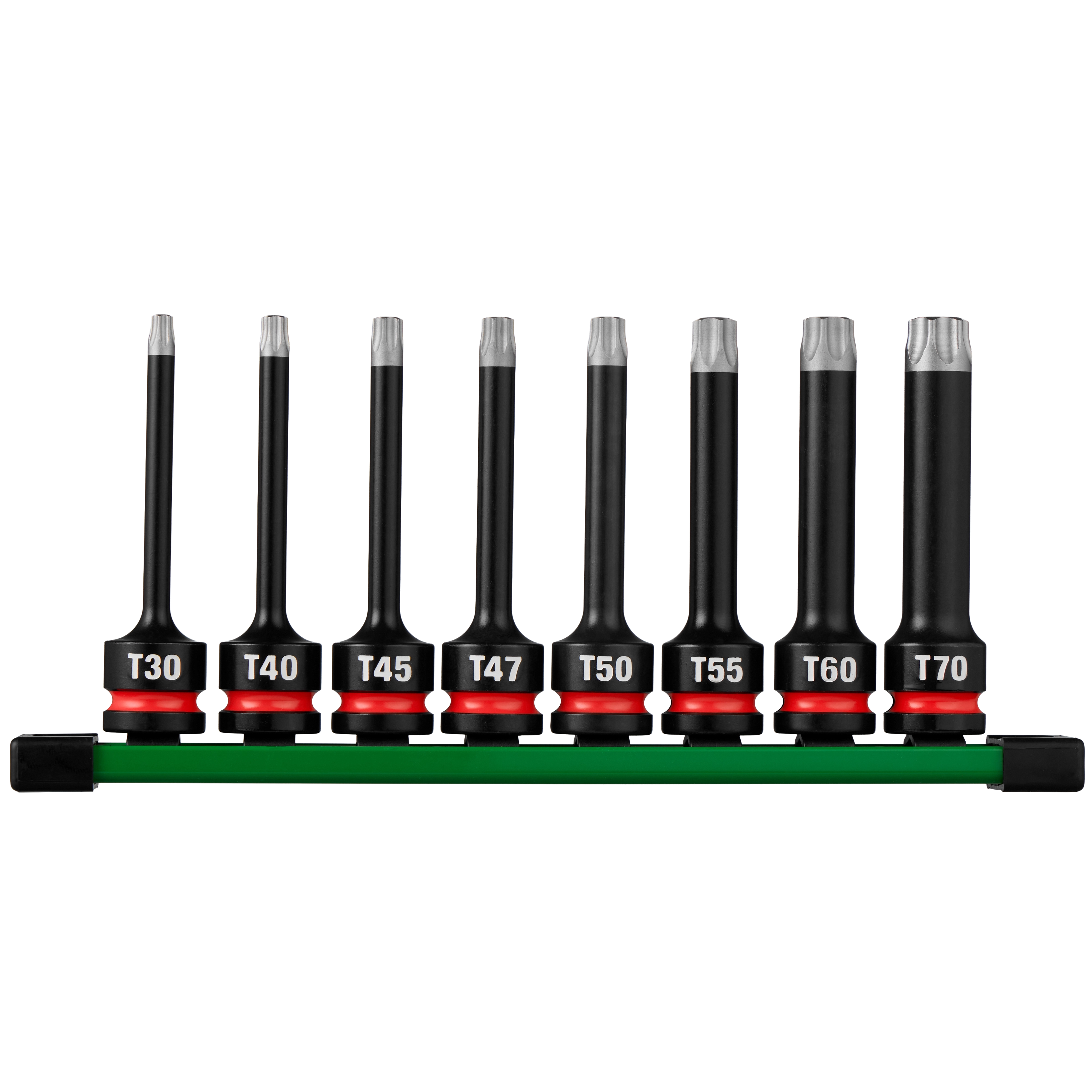8PC SHOCKWAVE Impact Duty 1/2" Drive 4" Torx Bit Socket Set arranged on a green rail with labeled sizes T30–T70.