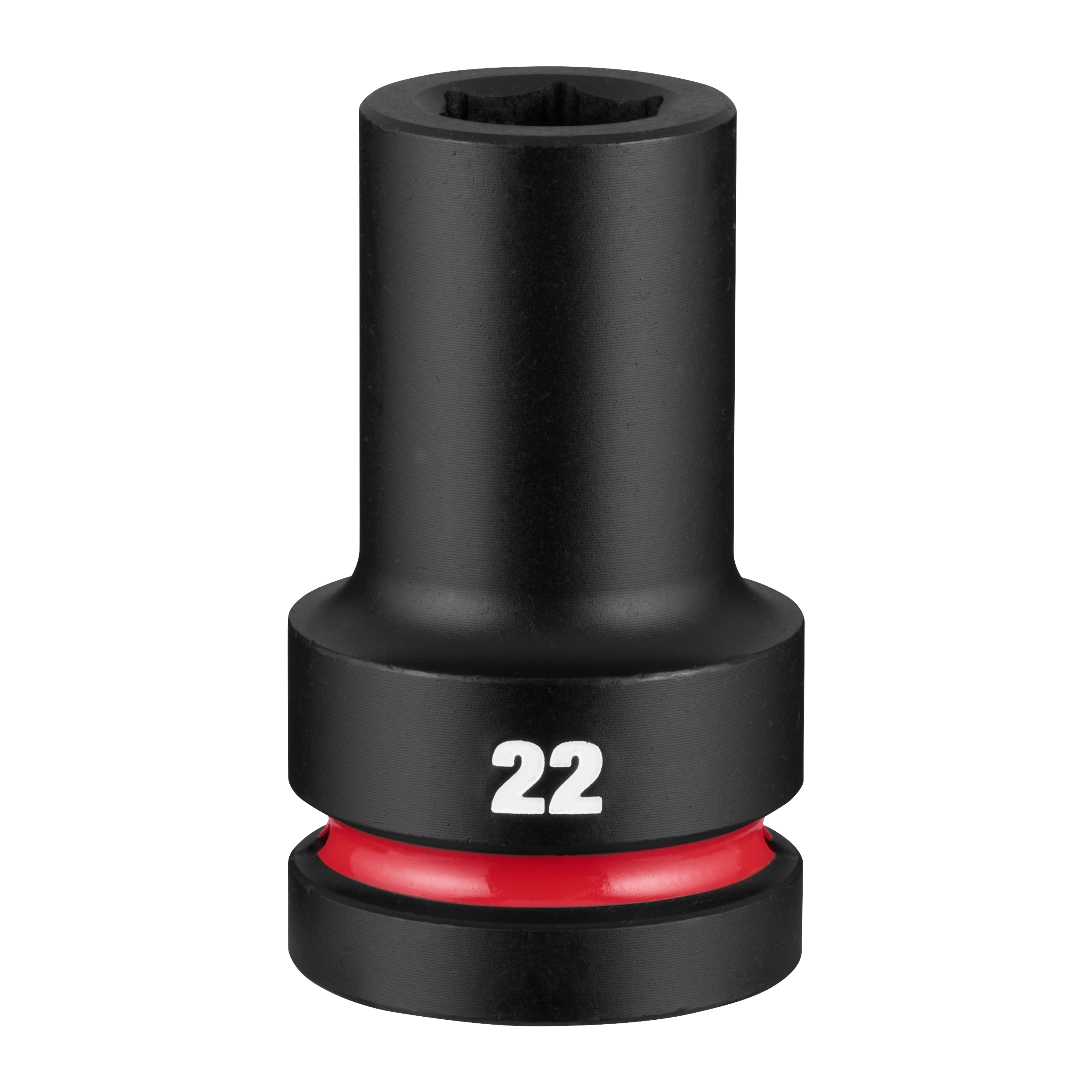 SHOCKWAVE Impact Duty 1" Drive 22mm Deep 6 Point Socket standing upright with 22 marking and red ring near base.