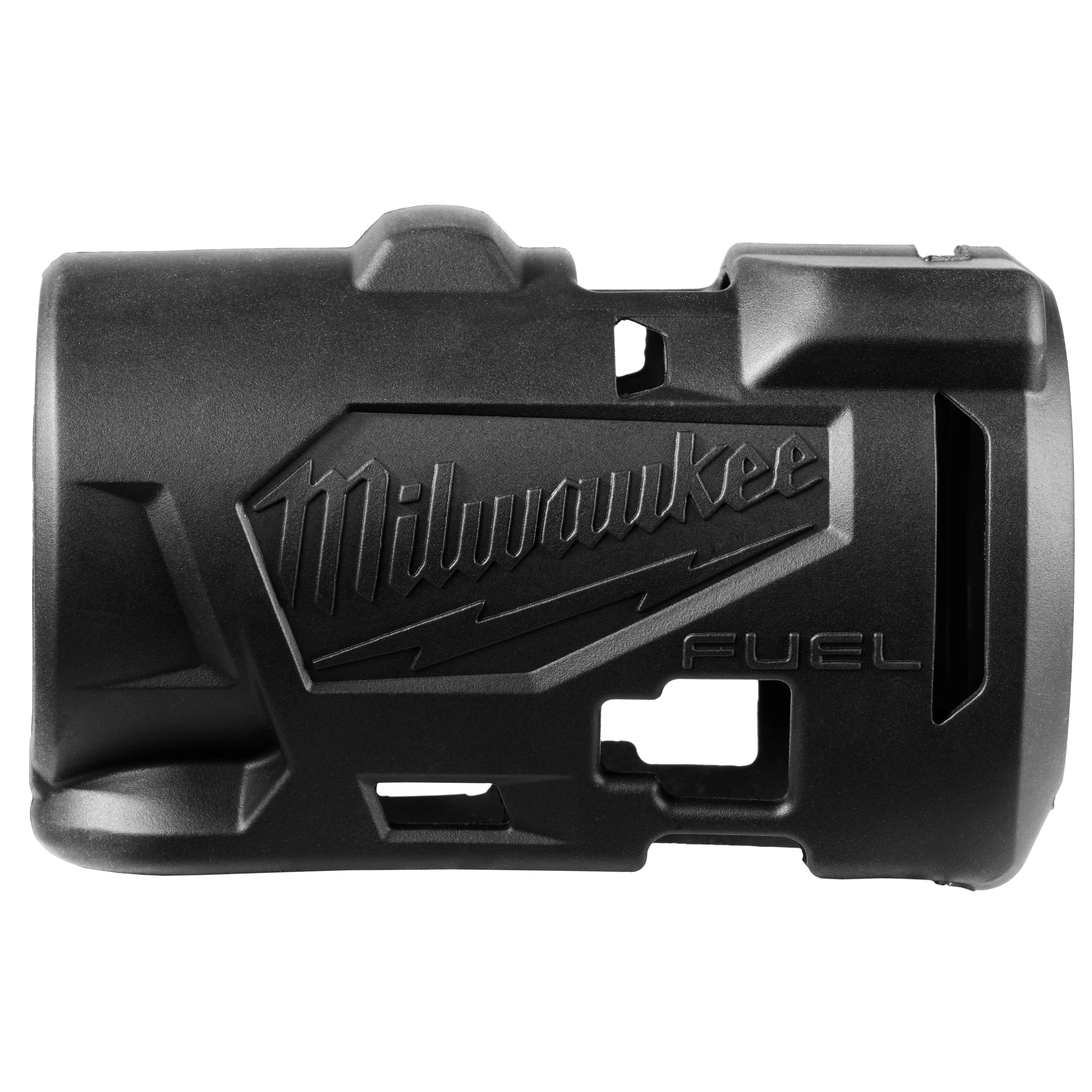 Black protective boot for the M12 FUEL™ 1/4" & 3/8" Subcompact Impact Wrench with Friction Ring. The boot features a textured design with the "Milwaukee" logo engraved on it. The durable boot is designed to protect the impact wrench from wear and tear during use.