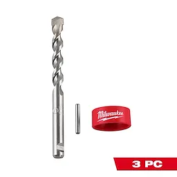 The image shows a Milwaukee three-piece drill bit set, including a spiral drill bit, a metal pin, and a red circular sleeve with the Milwaukee logo. The bottom right corner displays "3 PC" in white text on a red background.