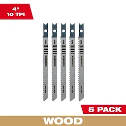 4" 10TPI T-Shank Wood High Carbon Steel Jig Saw Blades in a pack of 5 shown vertically against a white background.