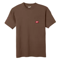 Heavy Duty Pocket T-Shirt - Brown with a front chest pocket featuring a small red logo patch. Plain brown short-sleeve design.
