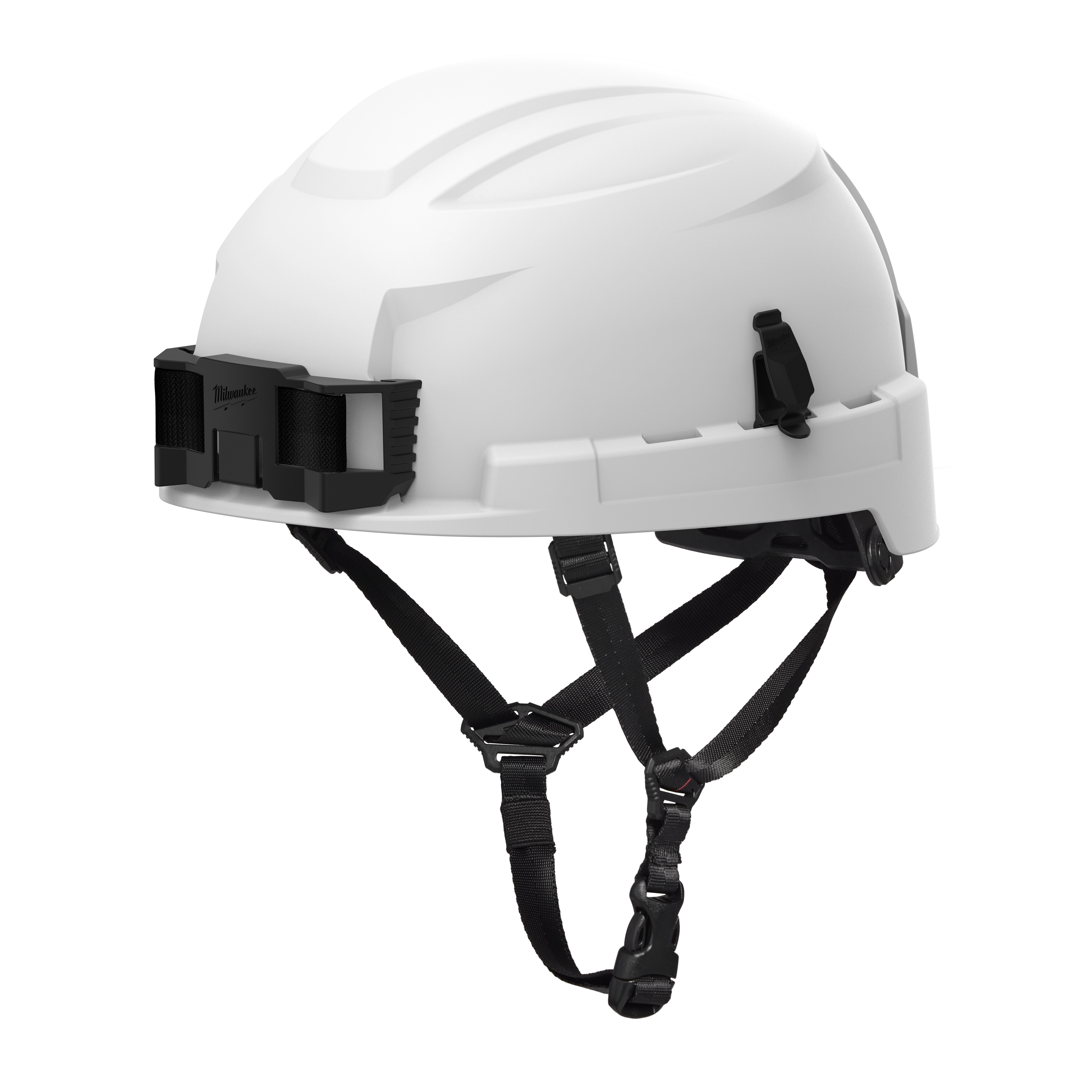BOLT™ White Safety Helmet with 4-point Ratcheting Suspension, Type 2, Class E, featuring black adjustable straps, a front mount for accessories, and a sleek, durable design aimed at providing maximum protection and comfort.