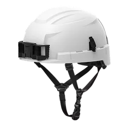 BOLT™ White Safety Helmet with 4-point Ratcheting Suspension, Type 2, Class E, featuring black adjustable straps, a front mount for accessories, and a sleek, durable design aimed at providing maximum protection and comfort.