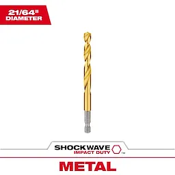 48-89-4618 Primary Image displays a 21/64" diameter, gold-colored, hex shank drill bit for metal. Shockwave Impact Duty is visible.