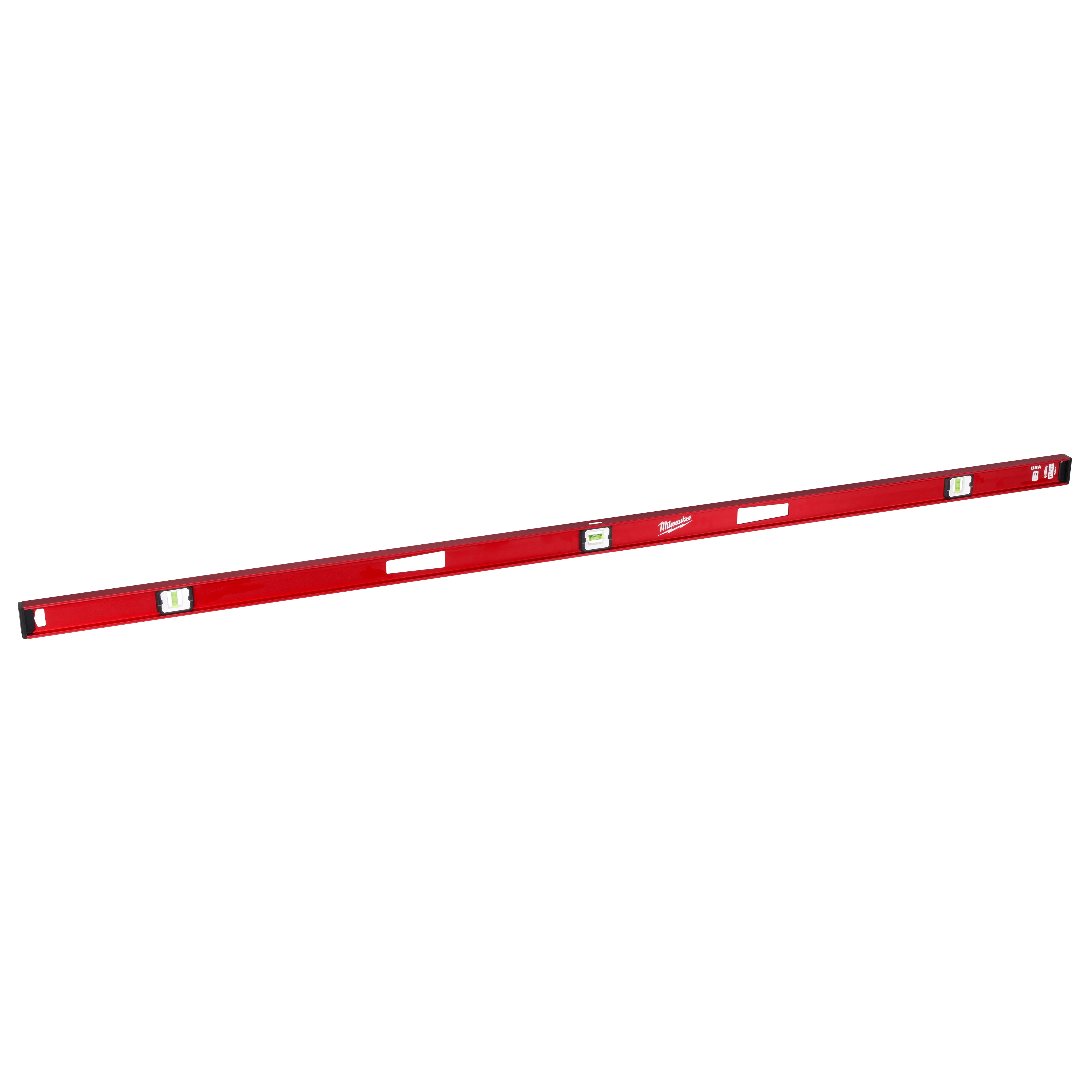 The Milwaukee® 78" Magnetic I-Beam Level is a red, long measuring tool with three bubble vials for horizontal and vertical leveling. It features two hand holes for easy use and has magnetic capabilities for secure attachment to metal surfaces.