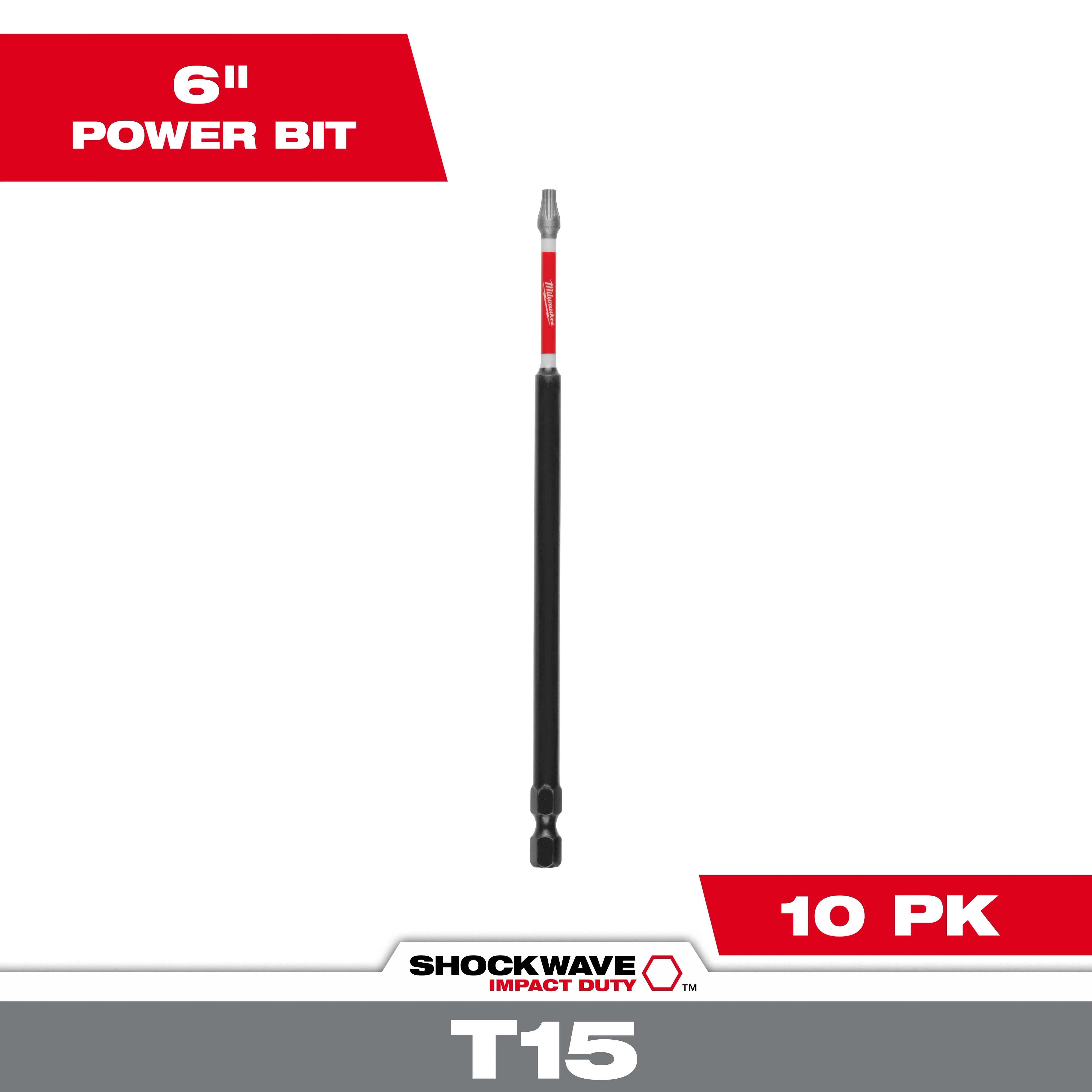 Image shows a single SHOCKWAVE™ 6" Impact TORX® T15 Power Bit. The bit has a black shaft and red collar. The packaging indicates a 10-piece set. The background features red and white branding and product details.