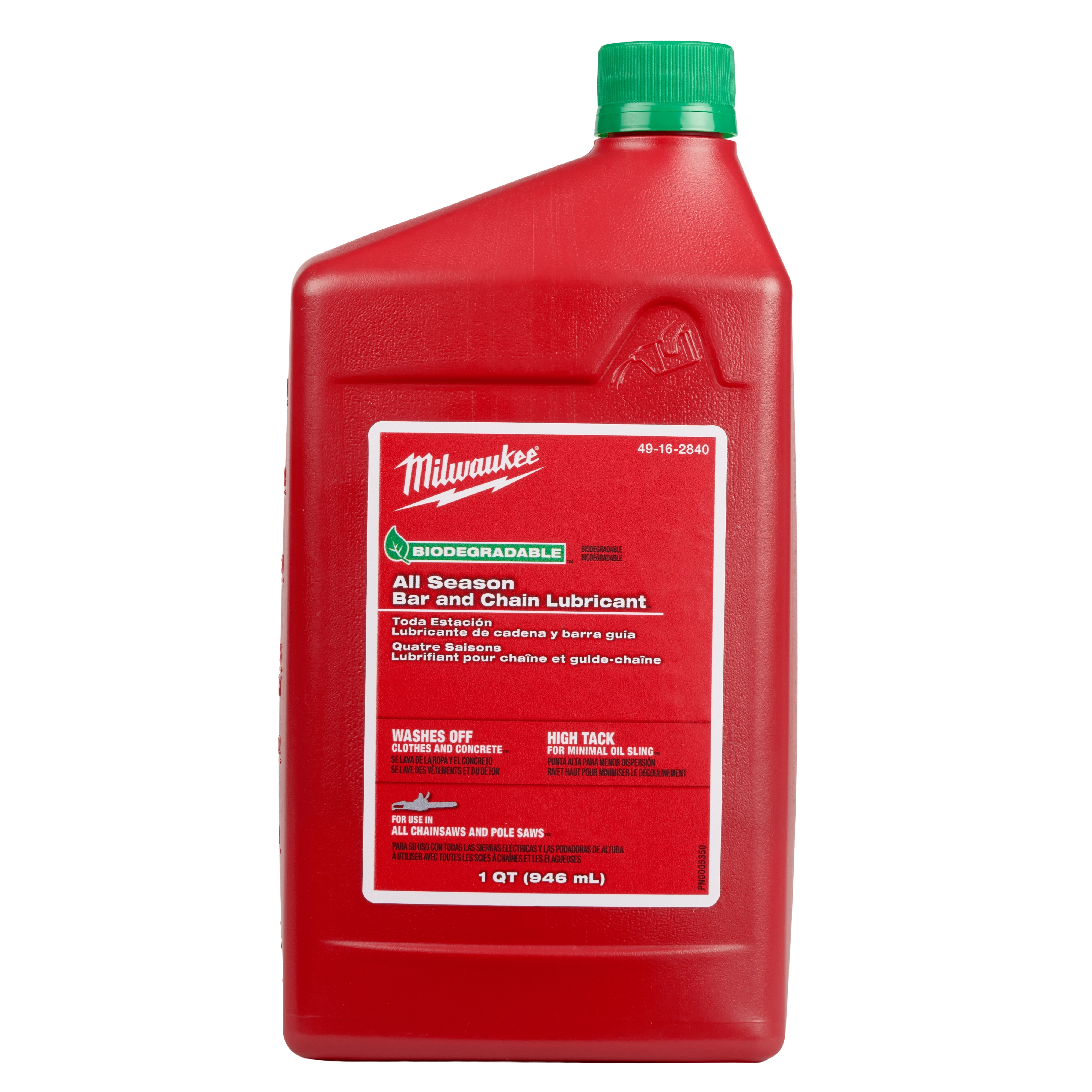 Milwaukee's 1 Quart Biodegradable All Season Bar and Chain Lubricant comes in a red container with a green cap. The front label highlights its biodegradable nature and suitability for various chainsaws and pole saws. The lubricant provides high tack and easy wash-off features.