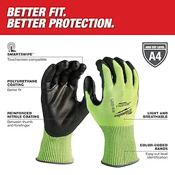 High Visibility Level 4 Cut Resistant Polyurethane Dipped Work Gloves with green fabric, black reinforced nitrile coating, and touchscreen compatibility.